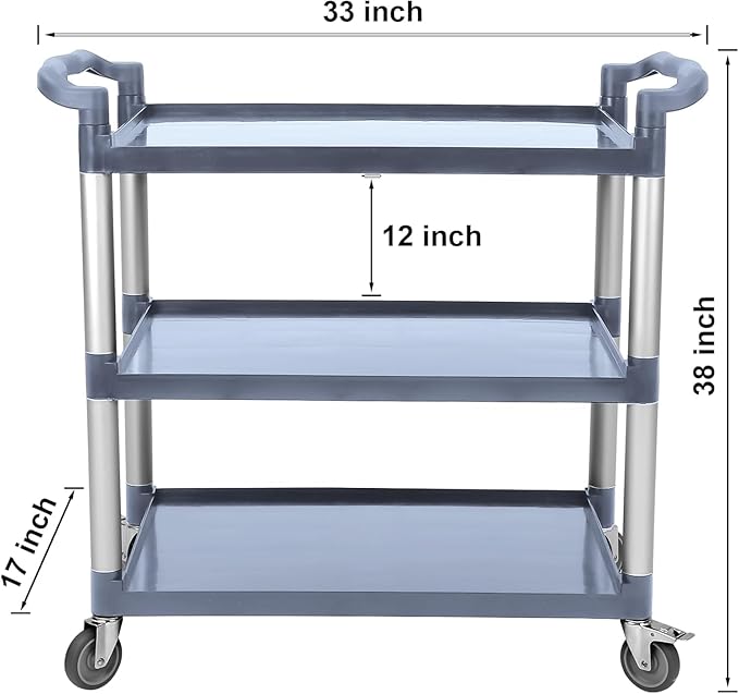 Service Cart 3 Shelf, Plastic Heavy Duty 3-Tier Utility Cart with Wheels, Rolling Utility/Push Cart for Foodservice/Commercial/Restaurant/Office/Warehouse/Kitchen/Hotel