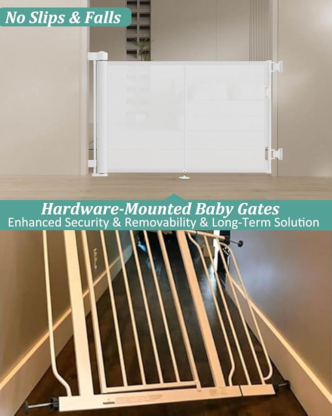59 inch Retractable Baby Gates 34 inch Tall, Retractable Gate with Reinforced Strip Design to Prevent Crawling Through, 5 FT Retractable Dog Gate for Stairs, Doorways, Hallways, Indoor/Outdoor
