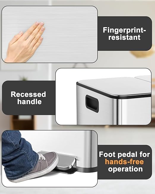 Trash Can 90 L/23.8 gal, Three-Compartment Pedal Stainless Steel Kitchen Recycling Trash Can with Odor Seal, Soft-Close Lid, Fingerprint Resistant, Removable Buckets for Waste & Recycling