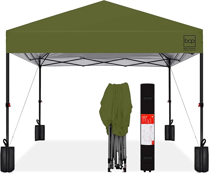 Best Choice Products 10x10ft 1-Person Setup Pop Up Canopy Tent Instant Portable Shelter w/ 1-Button Push, Case, 4 Weight Bags - Olive Green