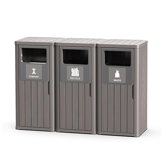 Outdoor Three Barrel Trash Can,Waterproof Resin Garbage Can with Garbage Labels,Durable Waste Bin for Porch, Backyard,Kitchen,for 30 to 39 Gallon Trash Bags
