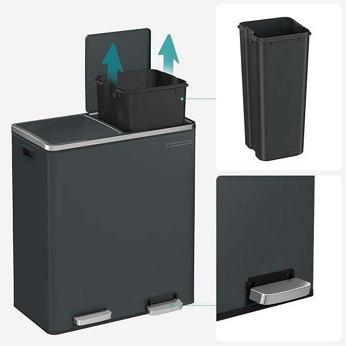 SONGMICS Trash Can, 2 x 8 Gallon (2 x 30 L) Garbage Can for Kitchen, with 15 Trash Bags, 2 Compartments, Plastic Inner Buckets and Hinged Lids, Airtight, Greenish-Gray ULTB60GS02