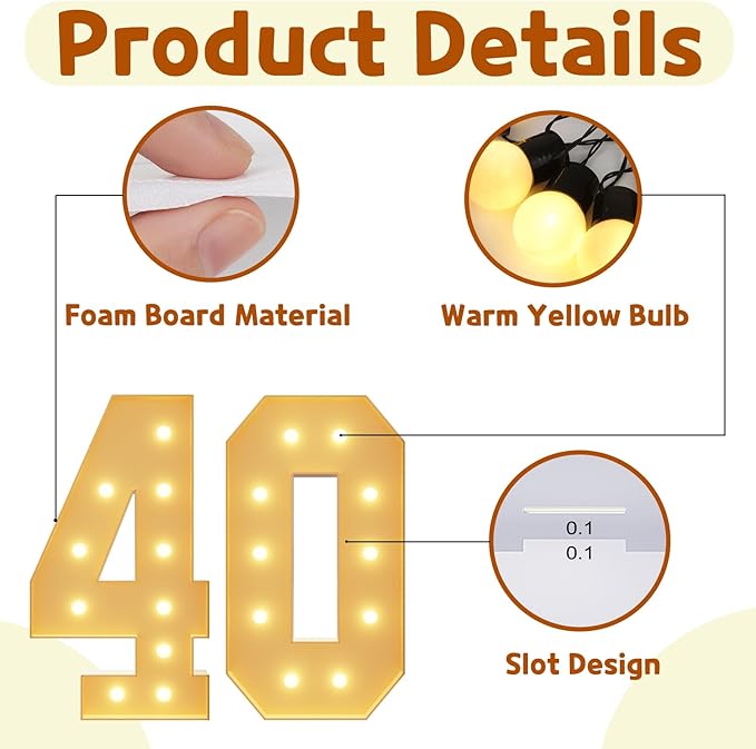 imprsv 4FT Light Up Numbers, Marquee Numbers 40th Birthday Decorations for Women Men, Large Light Up 40 Birthday Women Foam Board Anniversary Party Decorations Arch Kit (DIY)