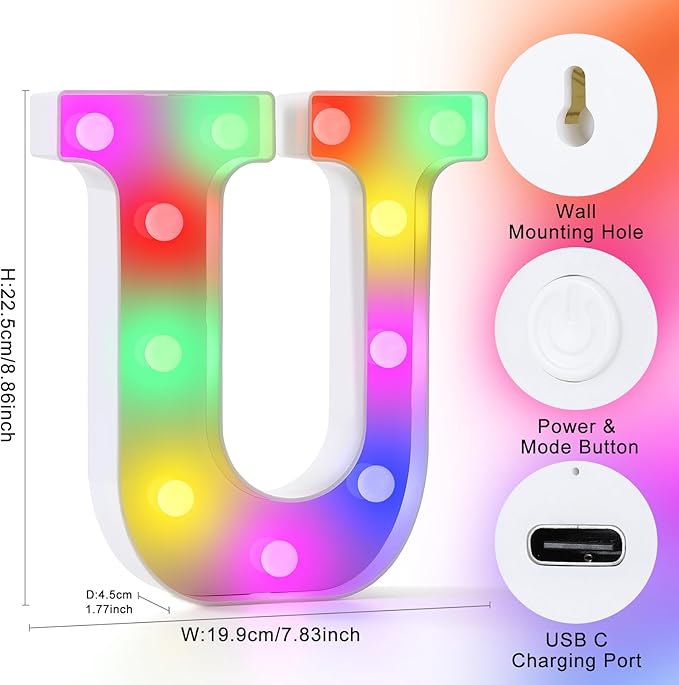 mooncow Rechargeable Light Up Letters,Colorful Marquee Letters with Remote,Gift Wrap Gifts,Bedroom Home Bar Party Decor (U)