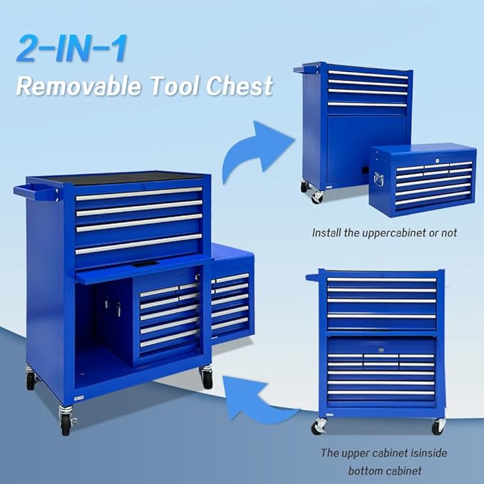 13-Drawer Rolling Tool Chest, 2-in-1 Heavy Duty Detachable Storage Cabinet with Lockable Wheels & Removable Top Box, 600 lbs Capacity for Mechanics, Garage Workshop (Blue)