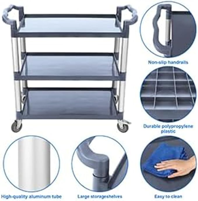 Service Cart 3 Shelf, Plastic Heavy Duty 3-Tier Utility Cart with Wheels, Rolling Utility/Push Cart for Foodservice/Commercial/Restaurant/Office/Warehouse/Kitchen/Hotel