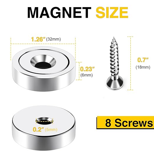 DIYMAG 4Pcs 110 lb 1.26 inch Neodymium Round Base Cup Magnet,Strong Rare Earth Magnets with Heavy Duty Countersunk Hole and Stainless Screws for Refrigerator Magnets Office Craft (Silver)