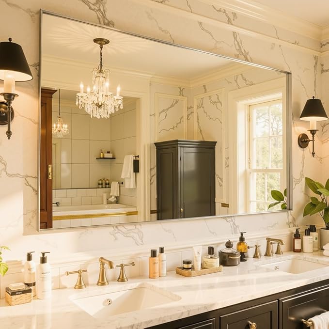 48"x36" Silver Framed Bathroom Mirror, Large Rectangular Vanity Mirror, Aluminum Metal Frame, Wall Farmhouse Modern Wall-Mounted Mirrors for Bathroom, Bedroom, Living Room, Over Sink