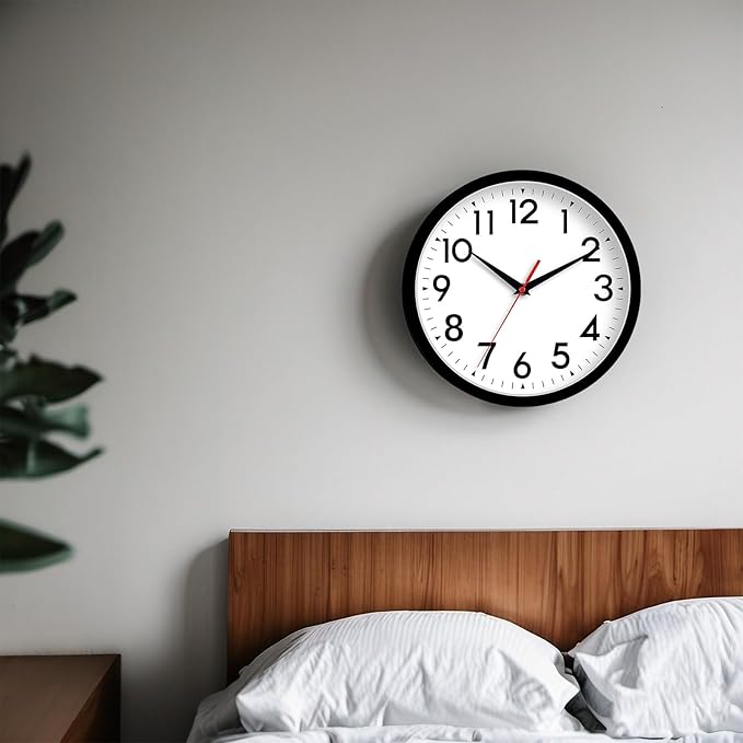 Wall Clock Analog 10 Inch Silent Non Ticking Battery Operated Modern Decorative for Living Room Kitchen Office Bedroom Bathroom(Black)