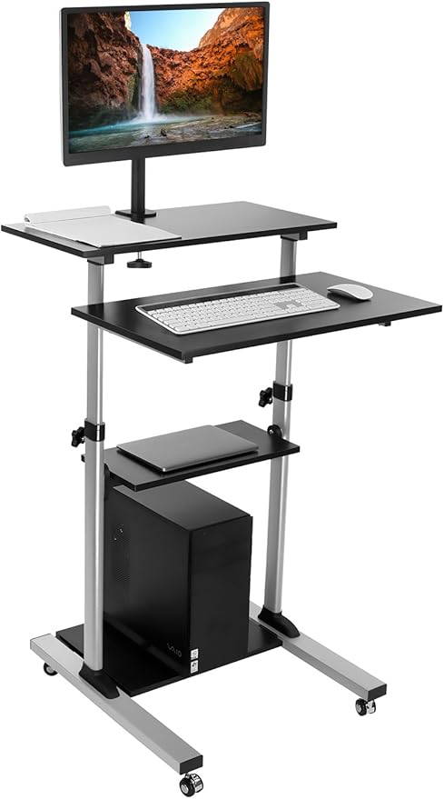 Mount-It! Mobile Computer Cart with Monitor Mount for Screen up to 32", Portable Desk on Wheels, Rolling Laptop Stand Teachers, Office, Classroom, Rise up to 53", Projector, Podium, Keyboard Tray