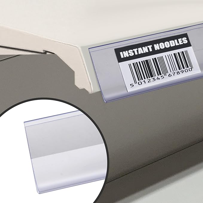 Shelf Label Strips, Pro Painter 100 Pack Self Adhesive 1.5”H Shelf Strip Price Tag Holder for Plastic, Metal and Wood Gondola Shelf, Clear Plastic Front/Clear Back Sign Holder for 48” Long Shelf
