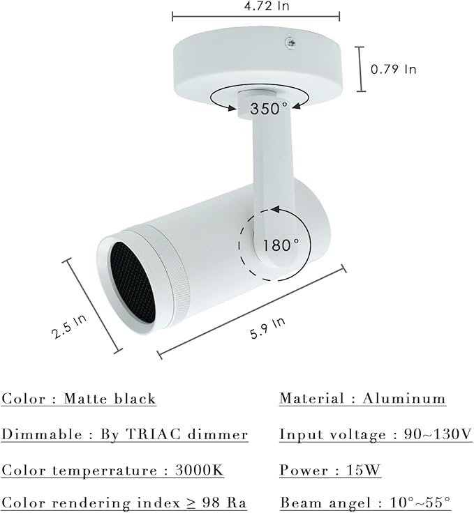 15W LED Dimmable and Zoomable Ceiling Spotlight with Anti-Glare Honeycomb Mesh | Adjustable Spot Light for Living Room, Gallery | 10°-55° Zoom，10%-100% Dim，3000K, CRI 98, Flicker-Free, White