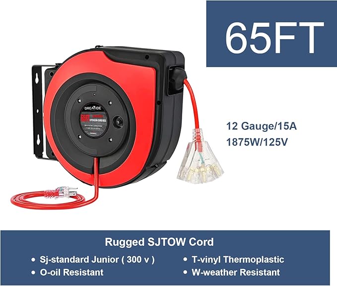 Retractable Extension Cord Reel, 65 Feet 12 AWG/3C SJTOW Heavy Duty Power Cord,15 AMP Circuit Breaker, 3-Lighted Triple Outlets, Ceiling or Wall Mount Use