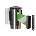 Montour Line WM115 Wall Mounted Retractable Belt Barrier with Standard Belt End, Fixed Mount, Polished Stainless Steel Casing (13 ft Green and White Diagonal Belt)