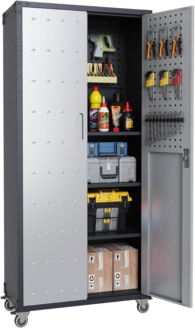 71"H Metal Storage Cabinet with Wheels, Tall Rolling Garage Cabinet with 3 Adjustable Shelves & Locking Doors & Pegboards, Heavy-Duty Tool Cabinet for Home Office, Workshop, Warehouse, Grey