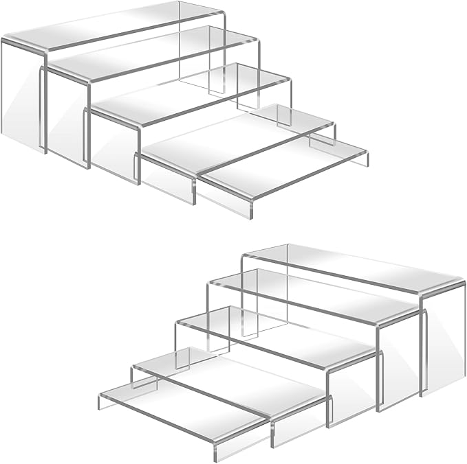 10 Pcs Acrylic Display Riser, 2 Sets 5 Sizes Large Acrylic Risers Display Stands, 0.15" Thick Clear Shelf Riser for Display Dessert Candy Figure Toys Perfume Jewelry Showcase