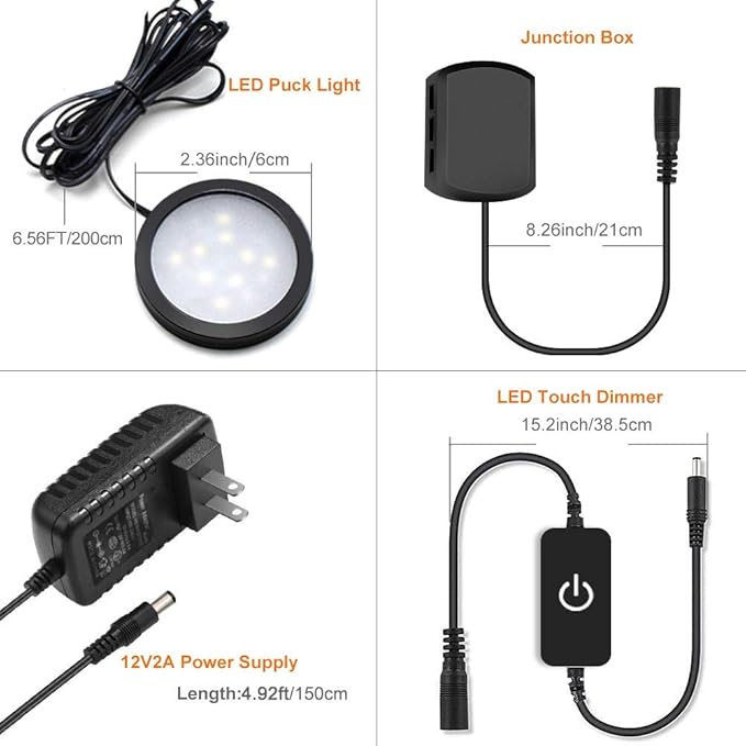 YGS-Tech LED Under Cabinet Lighting Kit, 1020 Lumens LED Puck Light, 5000K Daylight White, CRI90+, Touch Dimming, Black Trim All Accessories Included, for Kitchen, Closet Lights, Safe Light, 3-Pack
