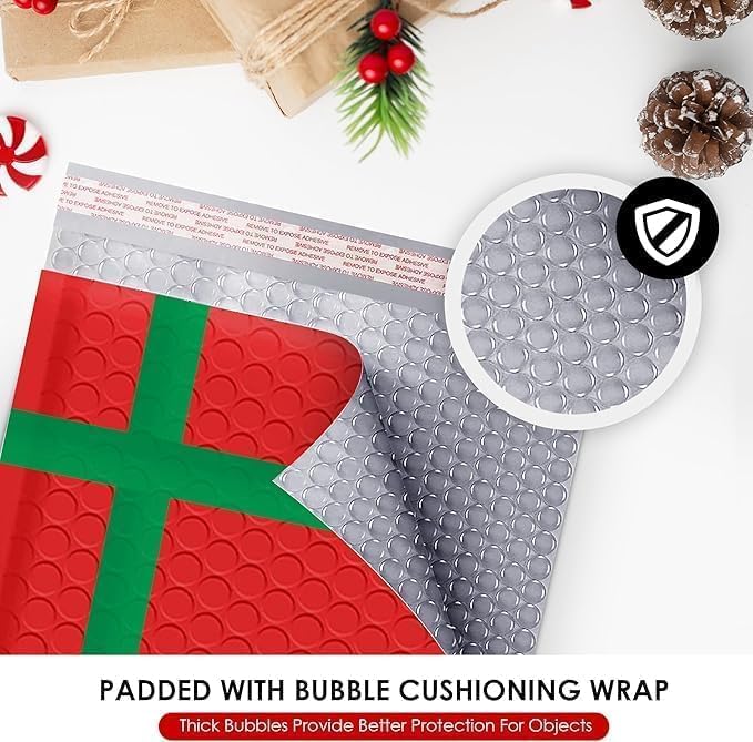Christmas 10x13 Inch Poly Bubble Mailers |Self Seal Padded Envelopes for Thick books | Air Cushioned Bubble Mailer | Usable Size 9.5x13 Inch | Waterproof Lightweight Mailing | 100 Pack Bulk