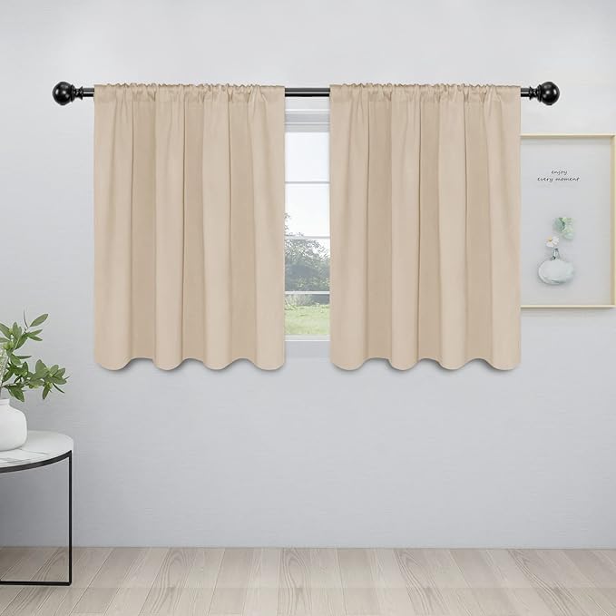 Easy-Going Rod Pocket Blackout Curtains for Bedroom, Room Darkening Window Curtains for Living Room, Thermal Insulated Noise Reduction Solid Window Drapes, 2 Panels(42x36 in, Beige)