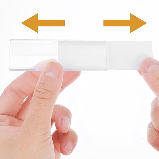 100 Pcs of 3" x 1" Clear Plastic Shelf Label Holders with 100 Label Inserts. Slide-in Tags Holder for Bookshelves, Wood Shelf Signs, Ticket Holders, and Wire Shelving.