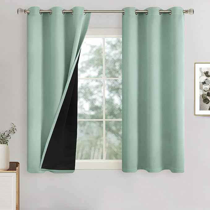 Short Blackout Curtains for Bedroom 54 Inch Length 2 Panels Set, Thermal Insulated Sun Blocking Soundproof Grommet Window Curtains with Thick Black Liner, Each 42 Inch Wide, Frosty Green