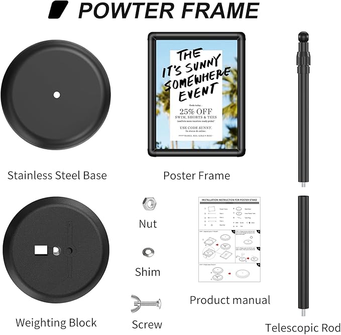 Sign Holder Floor Display Stand: 8.5 x 11 inch Adjustable Standing Signage Stand with Snap Frame for Malls Schools Restaurants (Black, 8.5 x 11" (1 PACK))