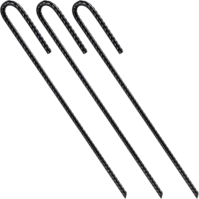 Rebar U/J Hook Extra Heavy Duty, 12 inch x 1/4 inch Rust Proof Coated Steel Ground Anchors for Garden, Tent, Trampoline (50pcs, J-Hook)