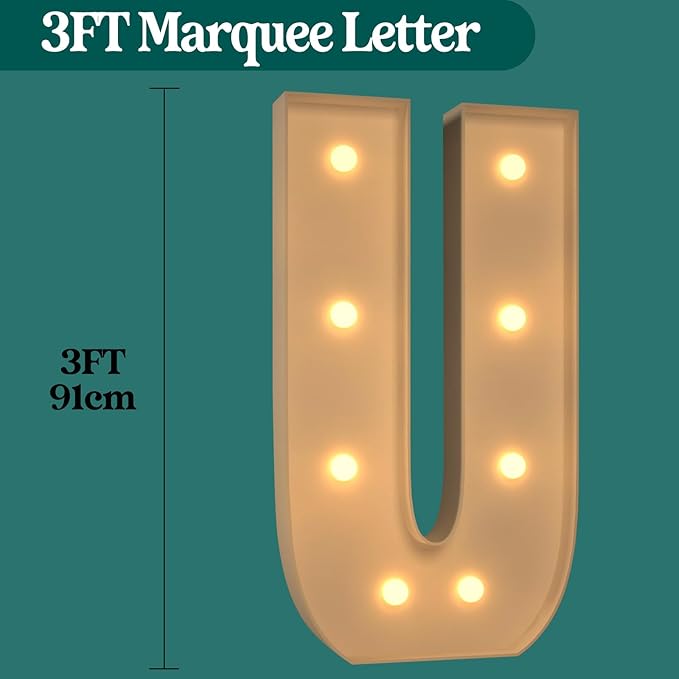Marquee Letters 3 Feet Tall, 3FT Large Light up Letters U, Big Sign U with Warm White Light for Birthday Wedding Proposal Engagement Graduation Party Backdrop Decorations