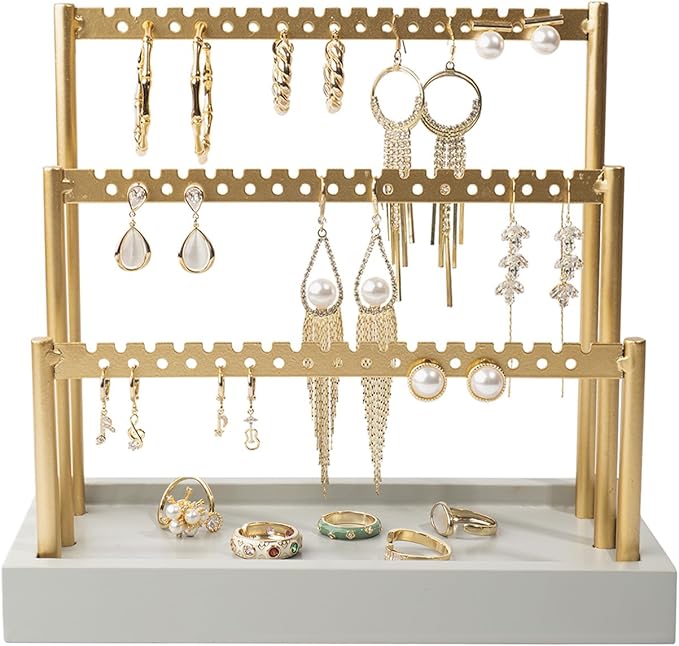SANY DAYO HOME 3-Tier Earring Holder Organizer Stand, 105 Holes Gold Metal Earring Rack Jewelry Display Tree with Gray Wood Tray for Women and Girls
