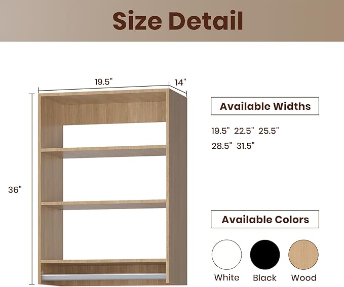 ROOMTEC 19.5" Medium Hanging Closet Unit, Modular Closet System with Hanging Rod, Wardrobe Organizer for Bedroom or Walk-in Closet, Wall Mounted, Customizable Clothes Storage Unit, Wood