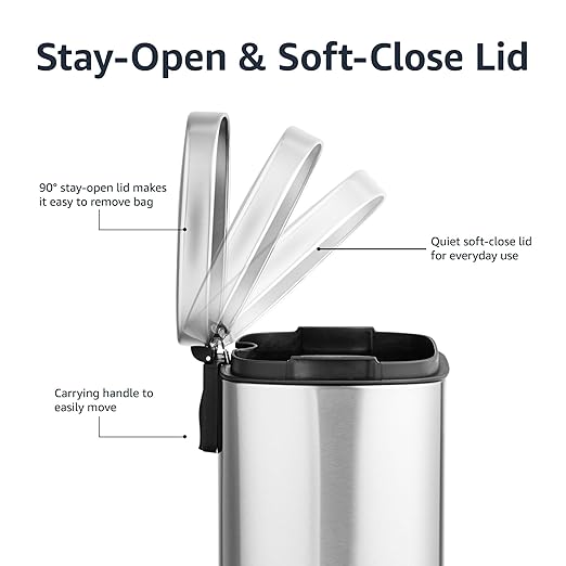 Amazon Basics Smudge Resistant Mini Rectangular Trash Can With Soft-Close Foot Pedal, Brushed Stainless Steel, for Bathroom & small space, 5L/1.32 Gal, 7.3x8.5x11.8 in, Satin Nickel Finish