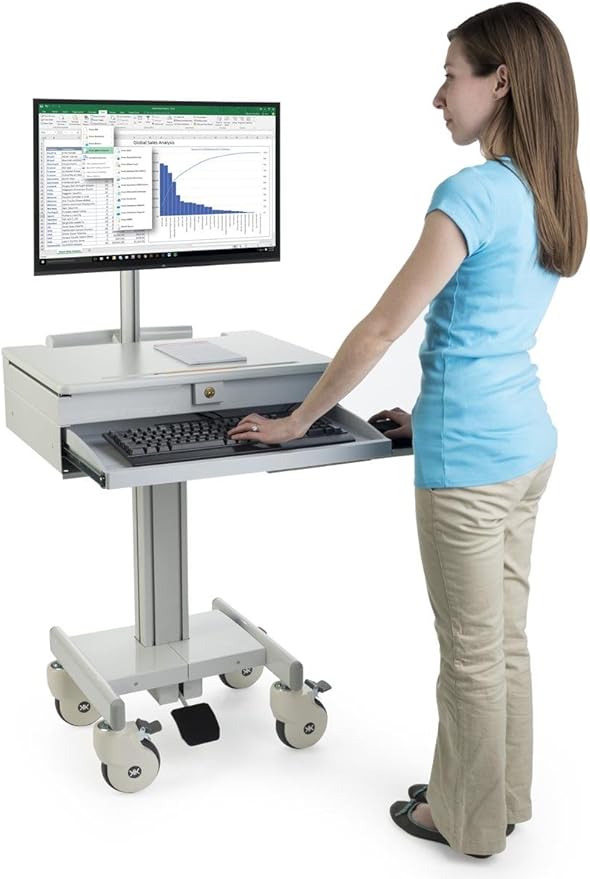 Displays2go Mobile Desk with Monitor Display & Keyboard Tray, Locking Wheels, Steel, Plastic, MDF – Gray (DWMDC1M)