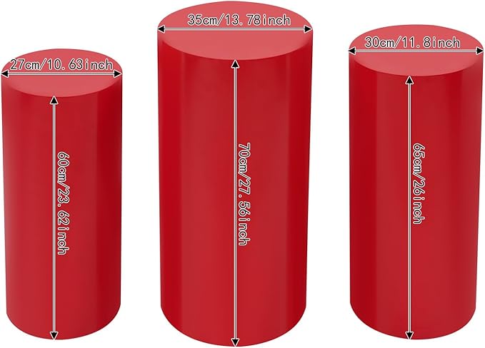 OUKANING 3 PCS Metal Display Pedestal Stands, Cylinder Red Display Stands Pillars, Decoration Cube Sculpture Display Column for Wedding Party Baby Shower Birthday, H27.56'', 26'', 23.62''