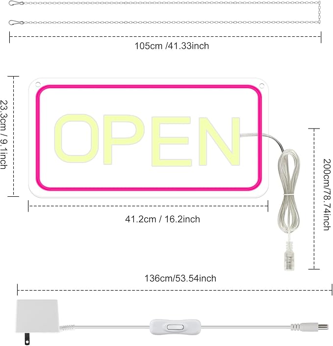 inSharePlus 16"x 9" LED Neon Open Sign for Business, with ON/OFF Switch adapter, Ultra Bright Lighted Sign Open, Electric Light up Sign for Stores, Restaurants Offices Retail Shops Window Storefronts