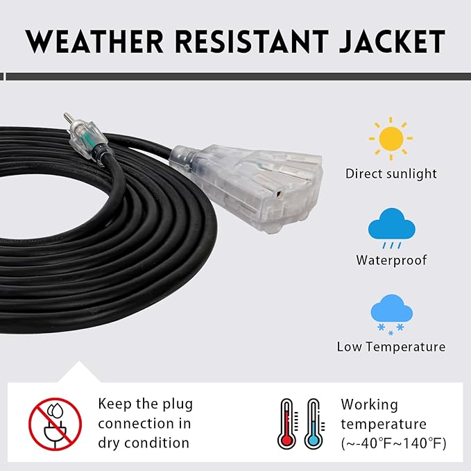 EP 6 Ft Lighted Outdoor Extension Cord with 3 Electrical Power Outlets - 14/3 SJTW Heavy Duty Black Extension Cable with 3 Prong Grounded Plug - Power Cord for Lawn, Garden, Appliances