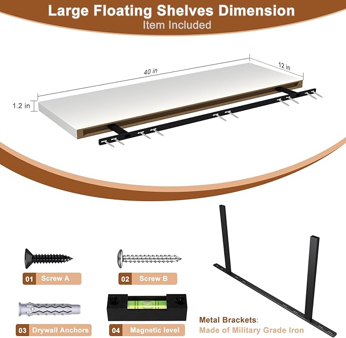 12 Inch Deep Floating Shelves for Wall 3 Pack Floating Shelfs Large Storage Space Wall Decor Display Shelf for Bathroom Living Room Bedroom Kitchen 40" W x 12" D x 1.2" H White