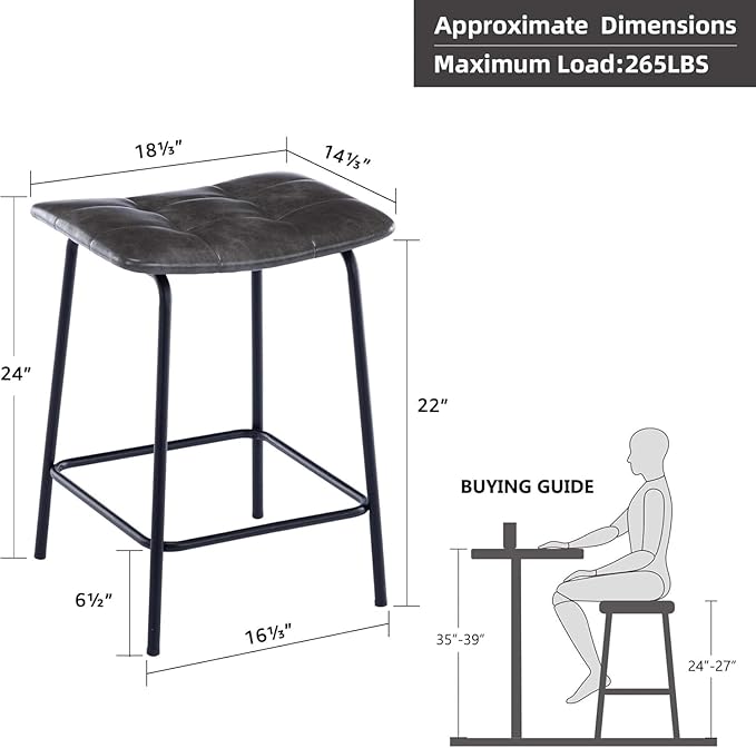 DUHOME 24” Square Tufted Counter Bar Stools Set of 2, Breathable Faux Leather Upholstered Barstool with Footrest, Backless Stool for Kitchen Counter Island Bar, Grey