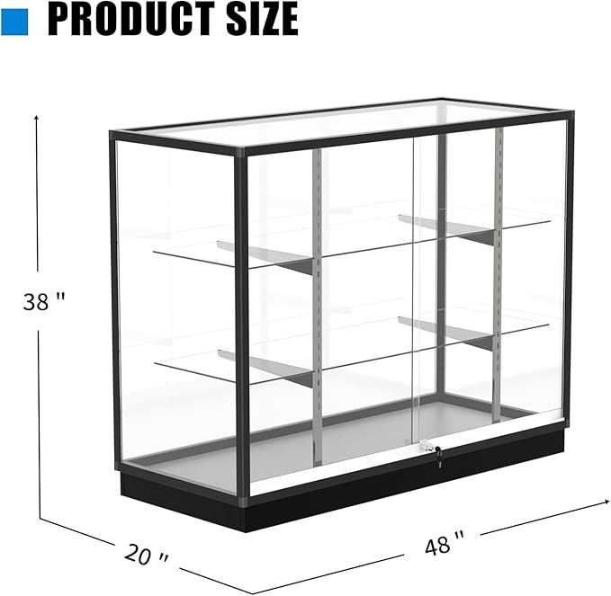 48”D * 20”W * 38”H - Freestanding Retail LED Full Vision Glass Display Case, Black Aluminum Frame, Two Adjustable Height Tempered Glass Shelves