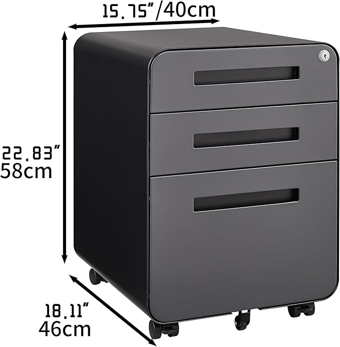 3 Drawer Mobile File Cabinet with Lock, Under Desk Metal Filing Cabinet for Home Office, Assembled Removable Under Desk Storage with Wheels for A4-Size/Letter-Size/Legal-Size (Grey)