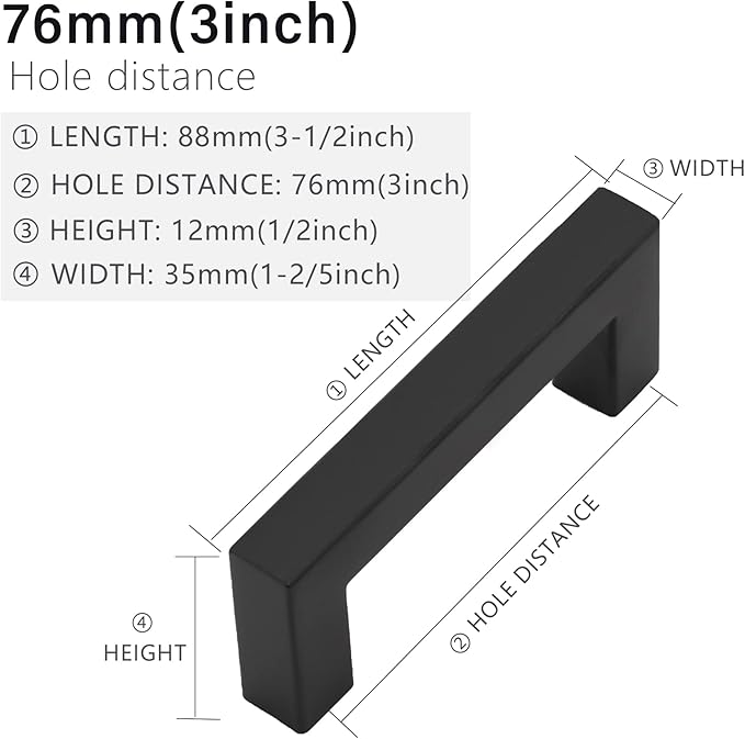Cabinet Pulls Matte Black Cabinet Handles Square Drawer Pulls, 2 Pack 3 Inch Stainless Steel Kitchen Door Cupboard Cabinet Handles, Drawer Hardware Handles, 76mm Hole Centers