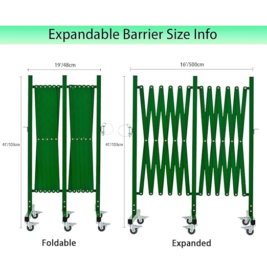 GYMTIME Industrial Expandable Metal Barricade, 16 Feet, Green, Folding Security Gate Safety Barrier with Casters, Flexible Mobile Barrier Gate, Adjustable Traffic Fence