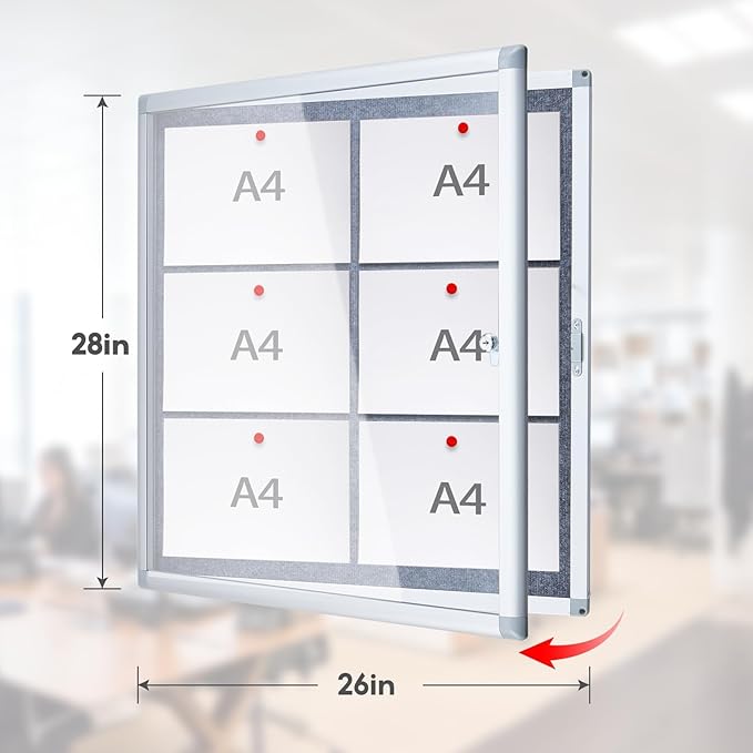 Enclosed Bulletin Board 28x26 Inch Outdoor Notice Board Tamper-Proof Flannel Lockable Display Cases with Aluminum Frame, All Weather Pinboard for Hospital, Restaurant Kitchen, Office
