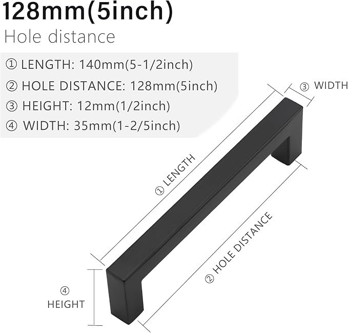 Cabinet Pulls Matte Black Cabinet Handles Square Drawer Pulls, 2 Pack 5 Inch Stainless Steel Kitchen Door Cupboard Cabinet Handles, Drawer Hardware Handles, 128mm Hole Centers