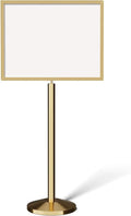 Crowd Control Warehouse Pedestal Standing Floor Sign Frame with Sloped Base, 22 x 28 Inch Horizontal, Polished Brass