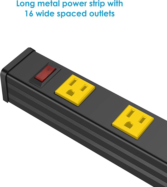 JUNNUJ Long Metal 16 Outlet Wide Spaced Garage Industrial Heavy Duty Power Strip with 25 FT Cord 15A, 125V, 1875W. Yellow