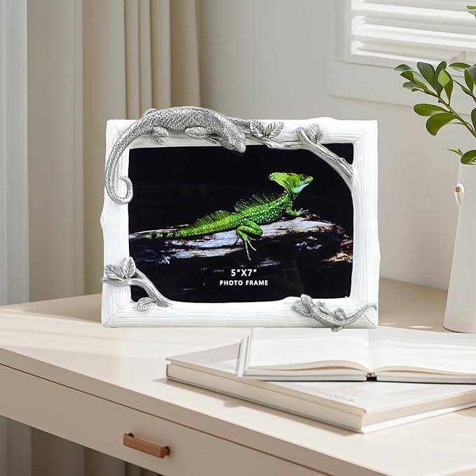 5x7 Inch Lizard Resin Picture Frame - Mother & Baby Wildlife Design, Decorative Tabletop Photo Display, Unique Home Décor Art