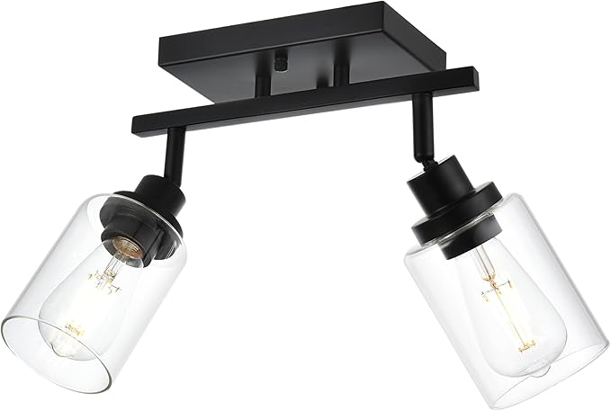 2-Light Track Lighting Kit Black Track Lighting Fixtures Bathroom Wall Sconces Ceiling Mount Kitchen Tracking Lights, Rotatable Spotlight with Clear Glass Shade for Kitchen Shop Hallway