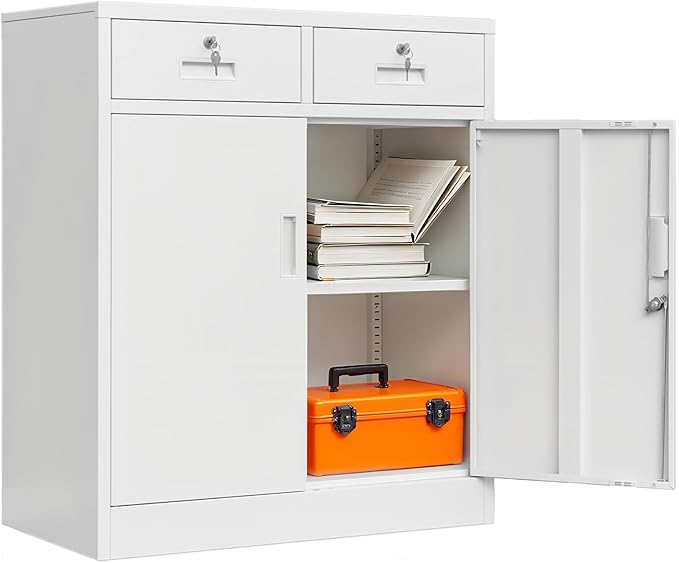 BESFUR Metal Storage Cabinet with 2 Lockable Drawers and 2 Lockable Doors, 36" H White Locking Storage Cabinet with Adjustable Shelf, Metal Cabinet for Home Office, Garage,School, Utility Room