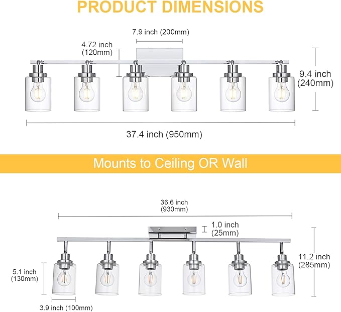 6-Light Track Lighting Kit Ceiling Kitchen Track Lighting Fixtures Chrome Bathroom Vanity Wall Lights with Clear Glass Multi-Directional Rotating Tracking Light Heads Spotlight for Accent Shop