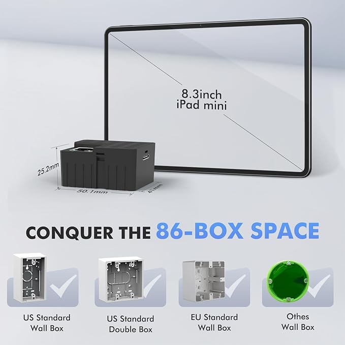 Agile Universal PoE Flush Tablet Wall Mount Kit with Bracket & Flat Cable, in-Wall AC to USB-C Power Adapter Enclosure for 8-12 Tablets (Suitable for 86 Boxes Smart Home/Office, 27W) (27W 1Gps Set)